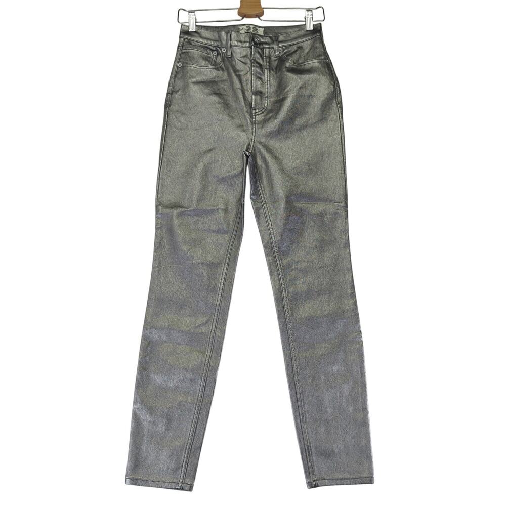 Free People Phoenix Skinny Jeans Silver‎ Faux Leather Metallic Pants Women's 28